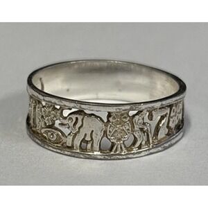 Silver Lucky Ring Band - Elephant Owl Horseshoe Seven Eye Clover, Etched Sz 7